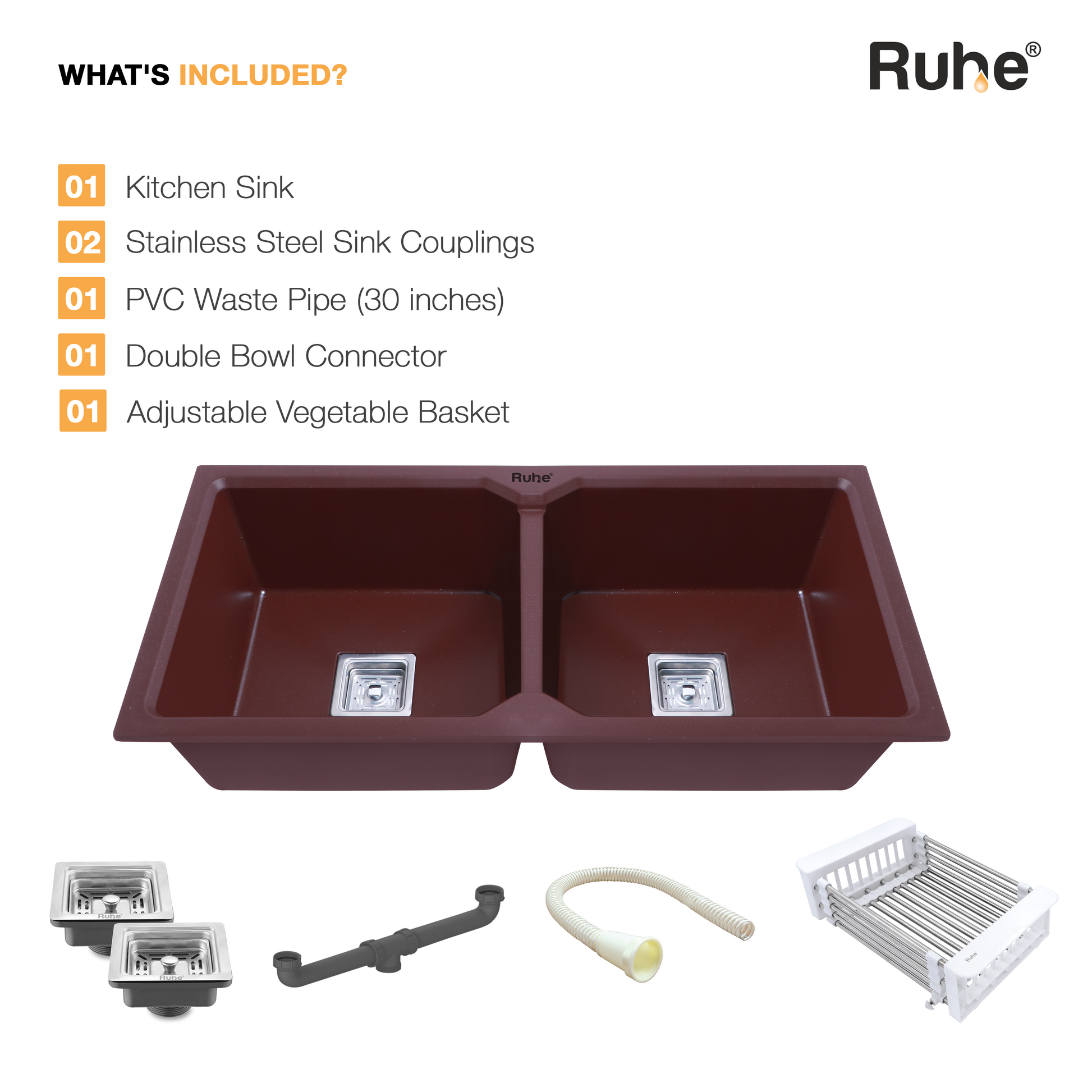 Choco Brown Quartz Double Bowl Kitchen Sink (37 x 18 x 9 Inches) (What's Included)