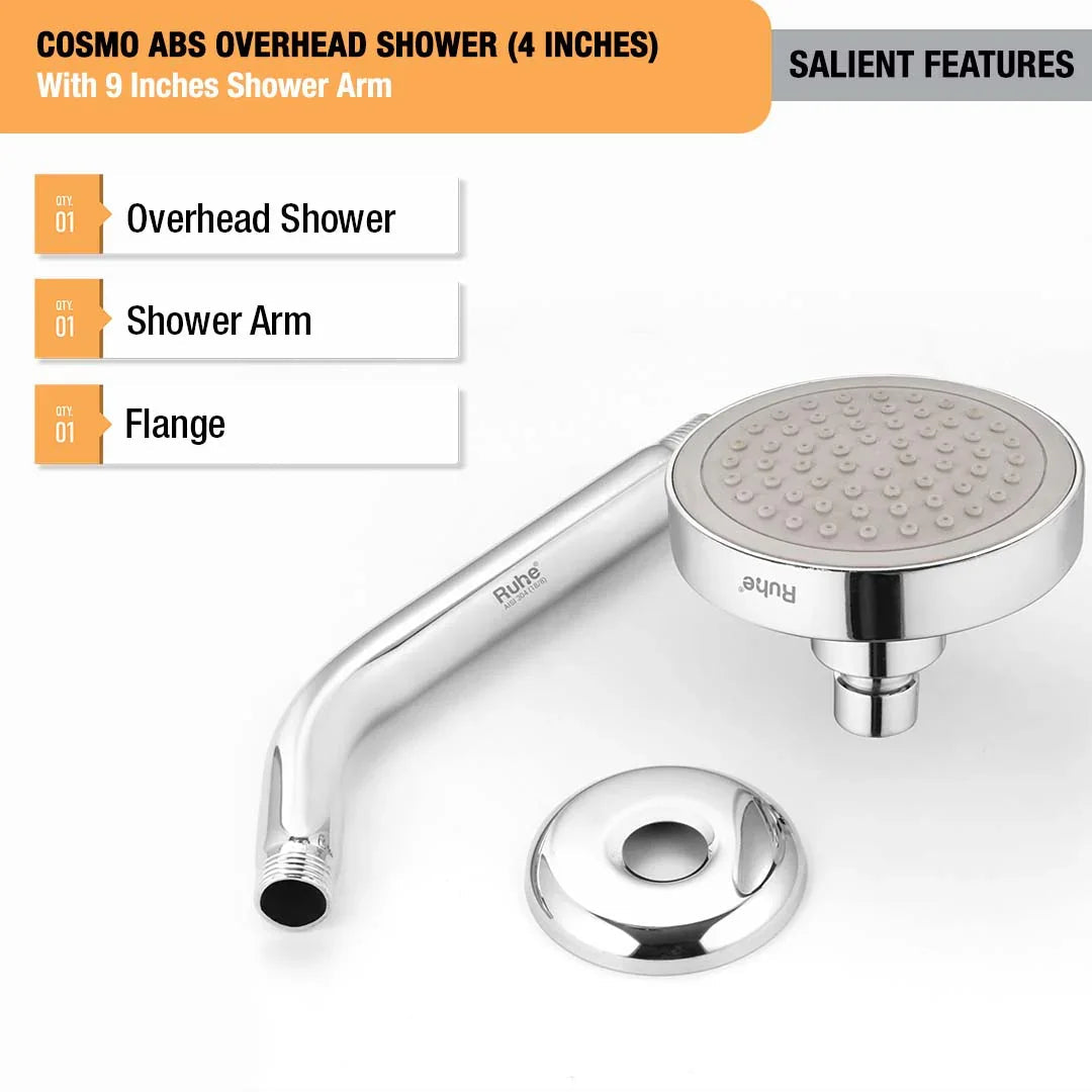 Cosmo ABS Overhead Shower (4 Inches) With 9 Inches Shower Arm Package Contains