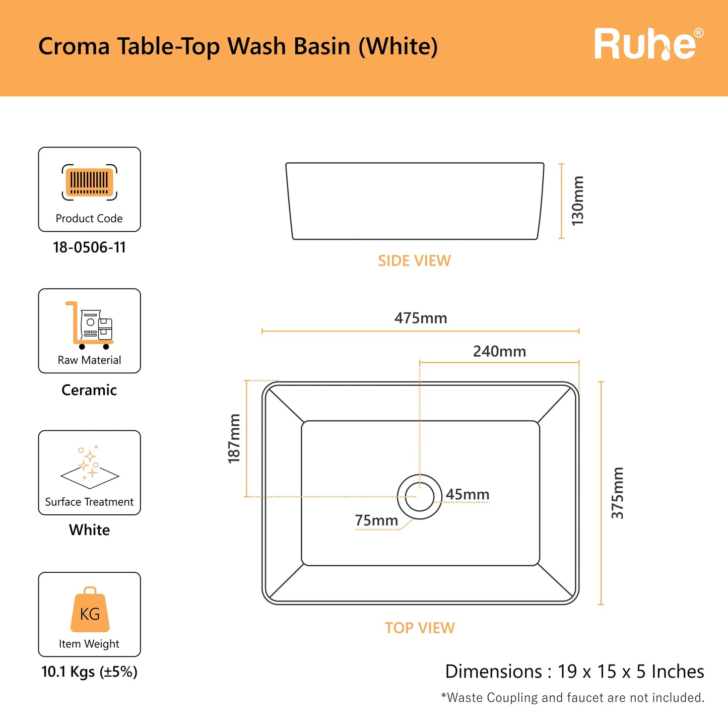 Croma Table-Top Wash Basin (dimensions)