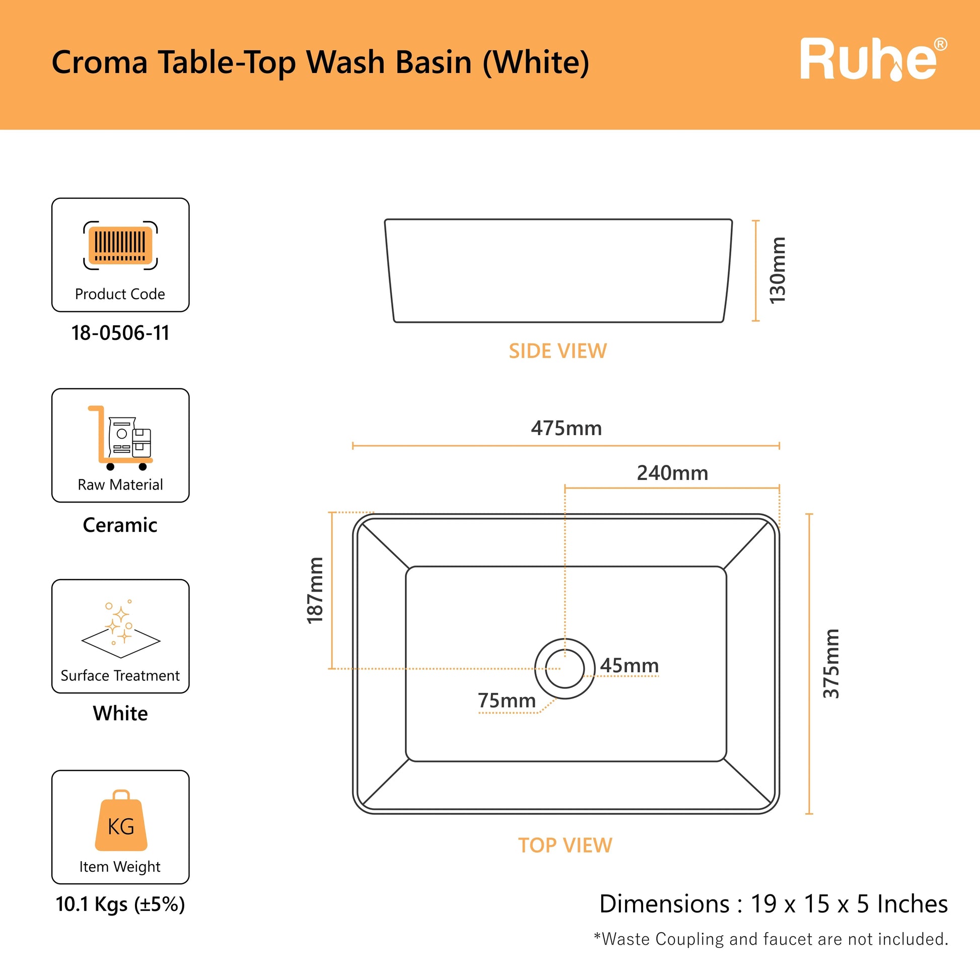 Croma Table-Top Wash Basin (dimensions)