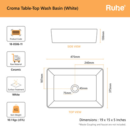 Croma Table-Top Wash Basin (dimensions)