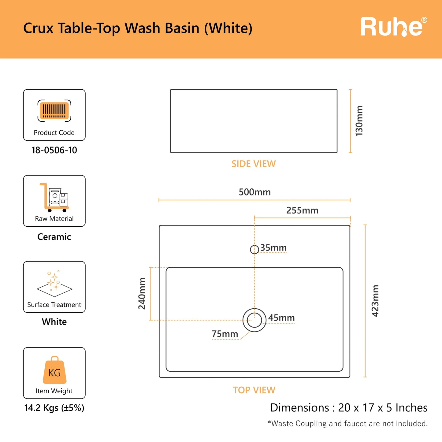Crux Table Top Wash Basin (dimensions)