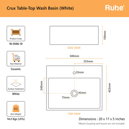 Crux Table Top Wash Basin (dimensions)