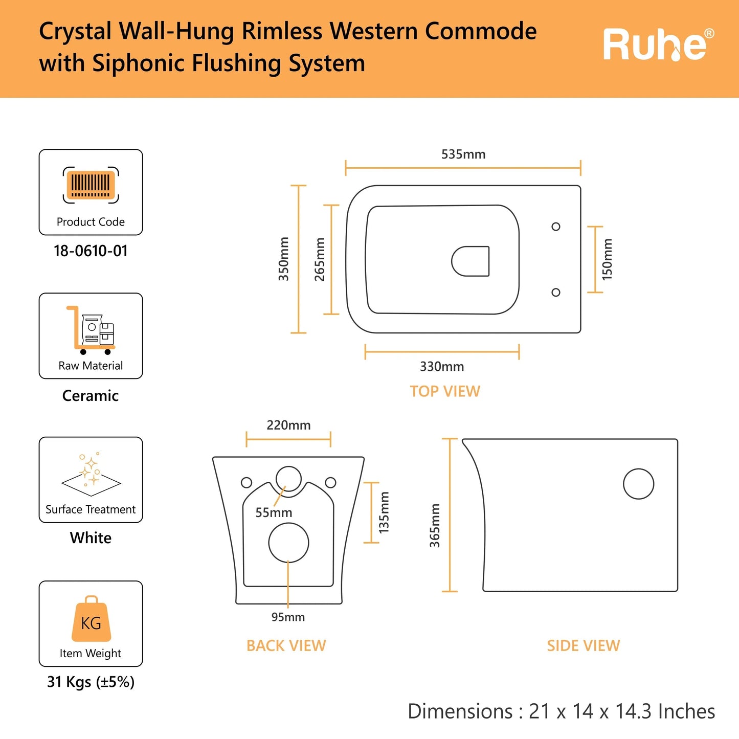 Crystal Wall-Hung Western Commode(Dimensions)