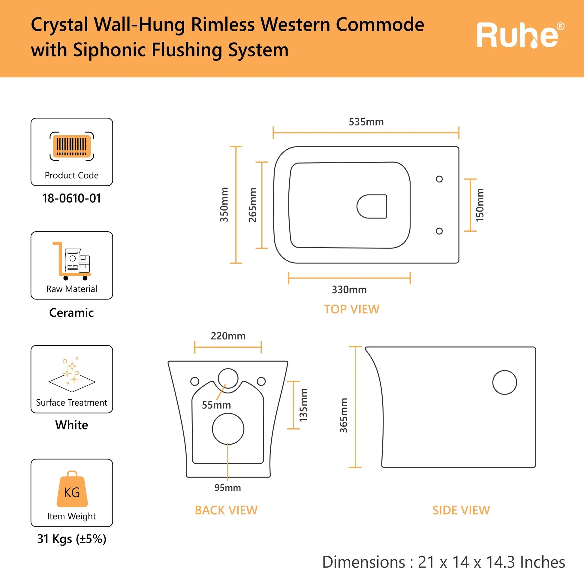 Crystal Wall-Hung Western Commode(Dimensions)