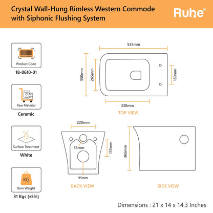Crystal Wall-Hung Western Commode(Dimensions)
