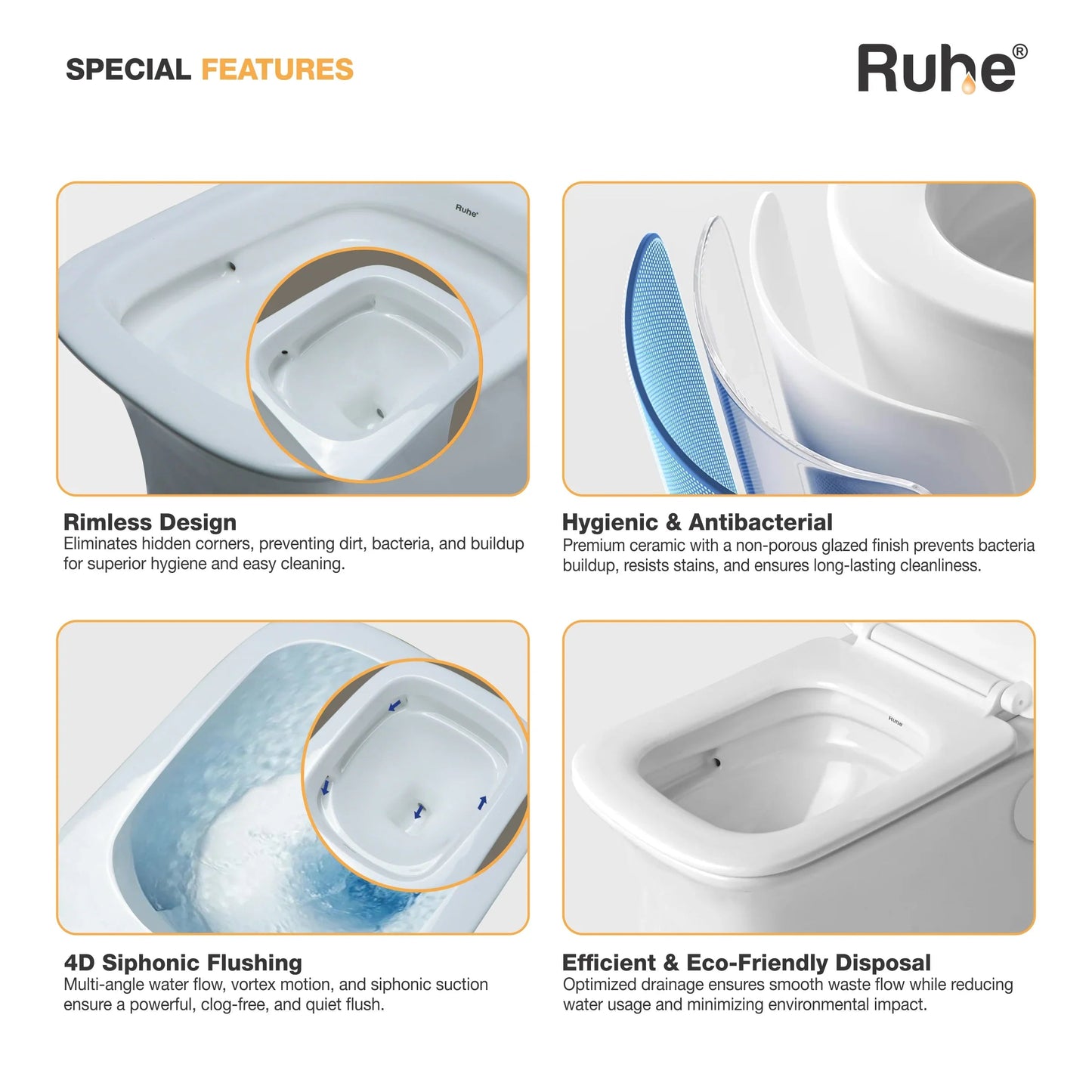 Crystal Wall-Hung Western Commode, rimless design