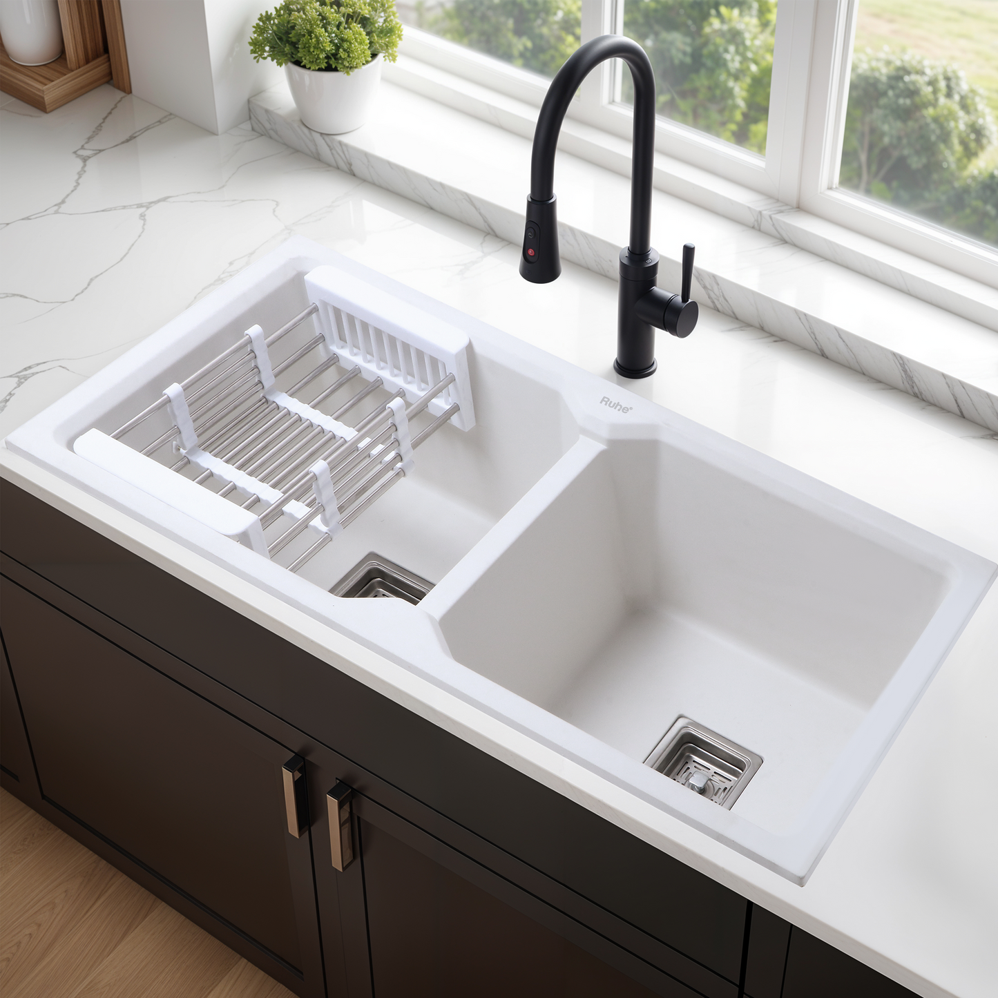Crystal White Quartz Double Bowl Kitchen Sink (37 x 18 x 9 Inches) (Lifestyle)