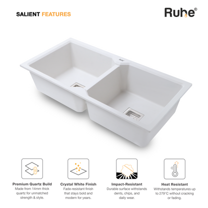 Crystal White Quartz Double Bowl Kitchen Sink (37 x 18 x 9 Inches) (Salient Features)