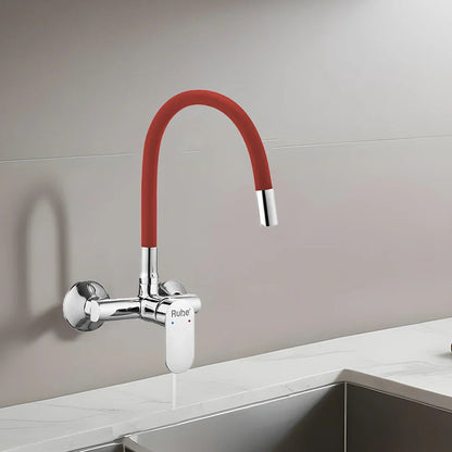 Demure Single Lever Wall-mount Kitchen Sink Mixer Tap with Red Silicone Spout - by Ruhe