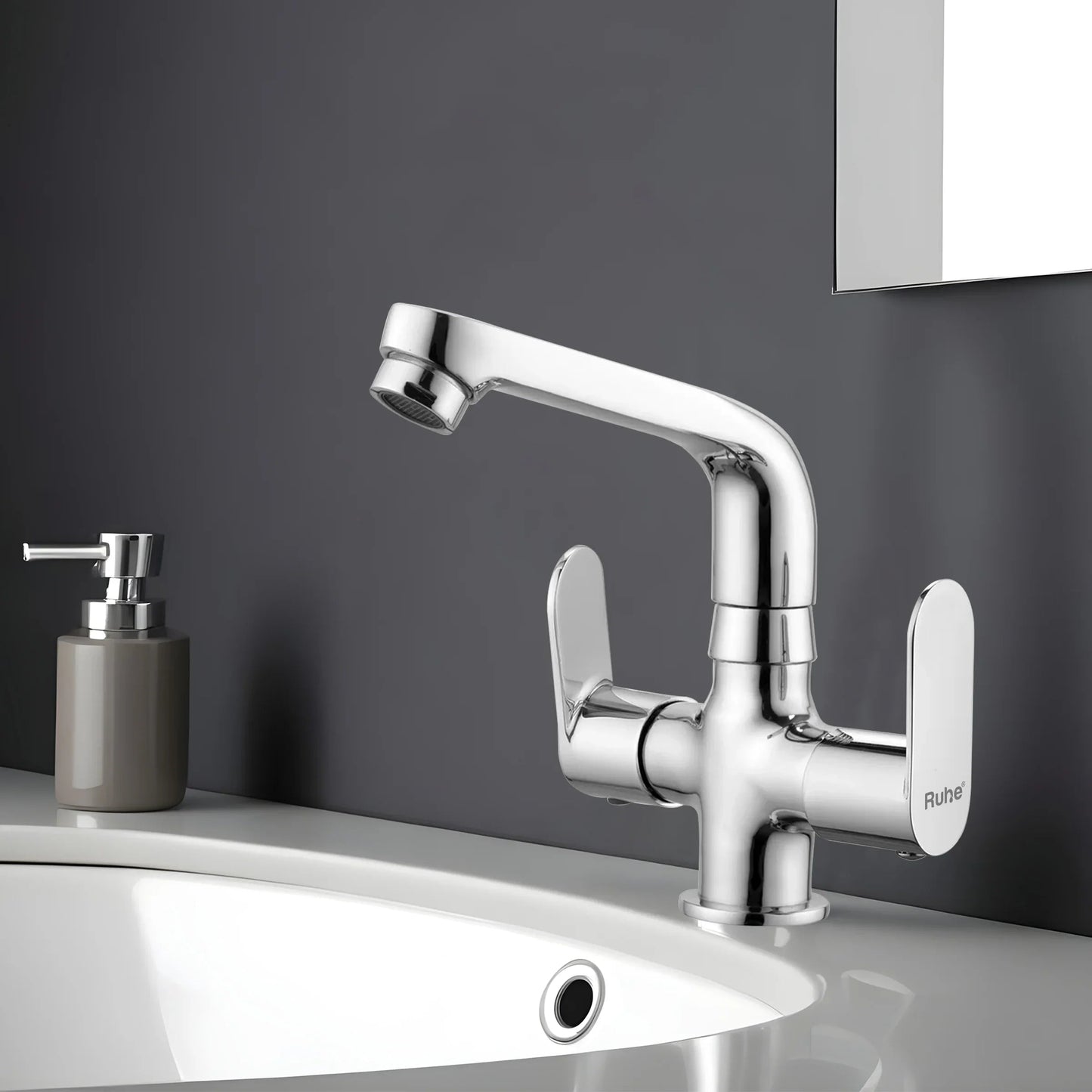 Demure Deck Mount Wash Basin Mixer Tap with Swivel Spout