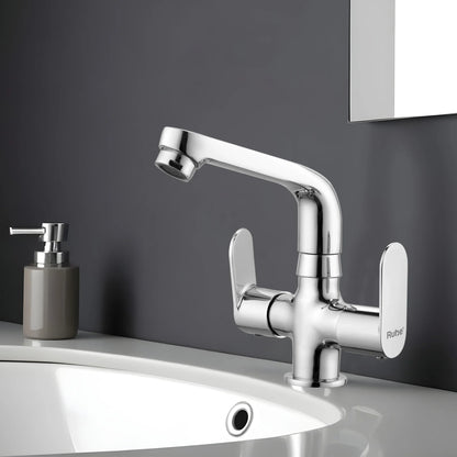 Demure Deck Mount Wash Basin Mixer Tap with Swivel Spout