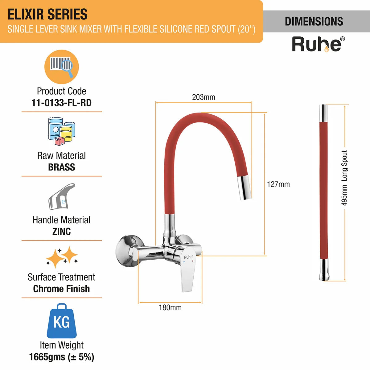 Elixir Single Lever Wall-mount Kitchen Sink Mixer Tap with Red Silicone Spout - by Ruhe