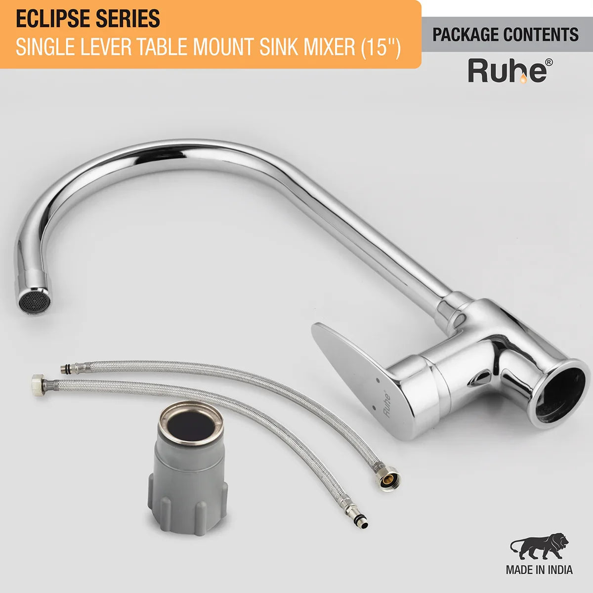 Eclipse Single Lever Table-Mount Sink Mixer Brass Faucet with Medium (15 Inches) Round Swivel Spout package
