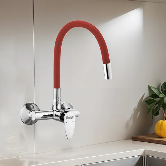 Eclipse Single Lever Wall-mount Kitchen Sink Mixer Tap with Red Silicone Spout - by Ruhe