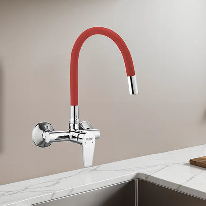Elixir Single Lever Wall-mount Kitchen Sink Mixer Tap with Red Silicone Spout - by Ruhe