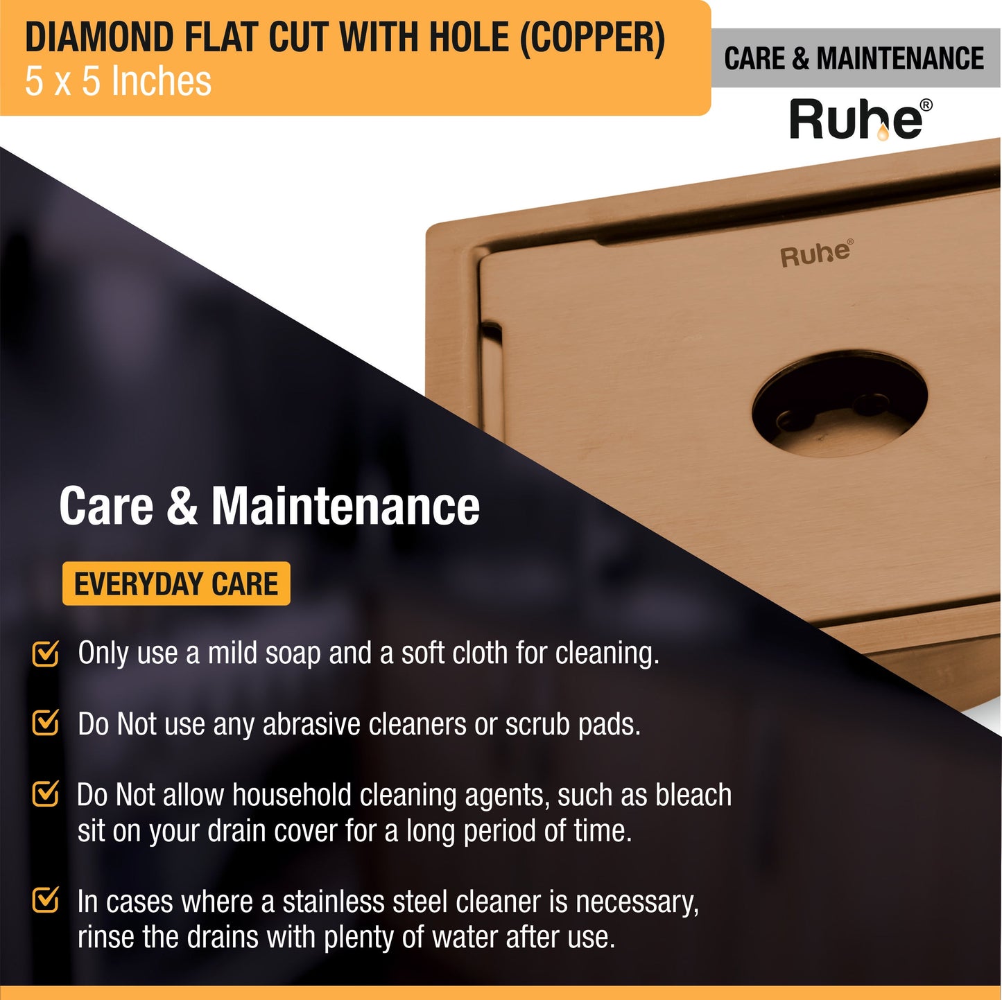 Diamond Square Flat Cut Floor Drain in Antique Copper PVD Coating (5 x 5 Inches) with Hole - by Ruhe