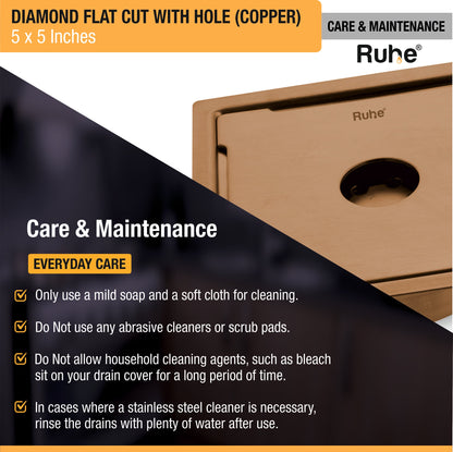 Diamond Square Flat Cut Floor Drain in Antique Copper PVD Coating (5 x 5 Inches) with Hole - by Ruhe