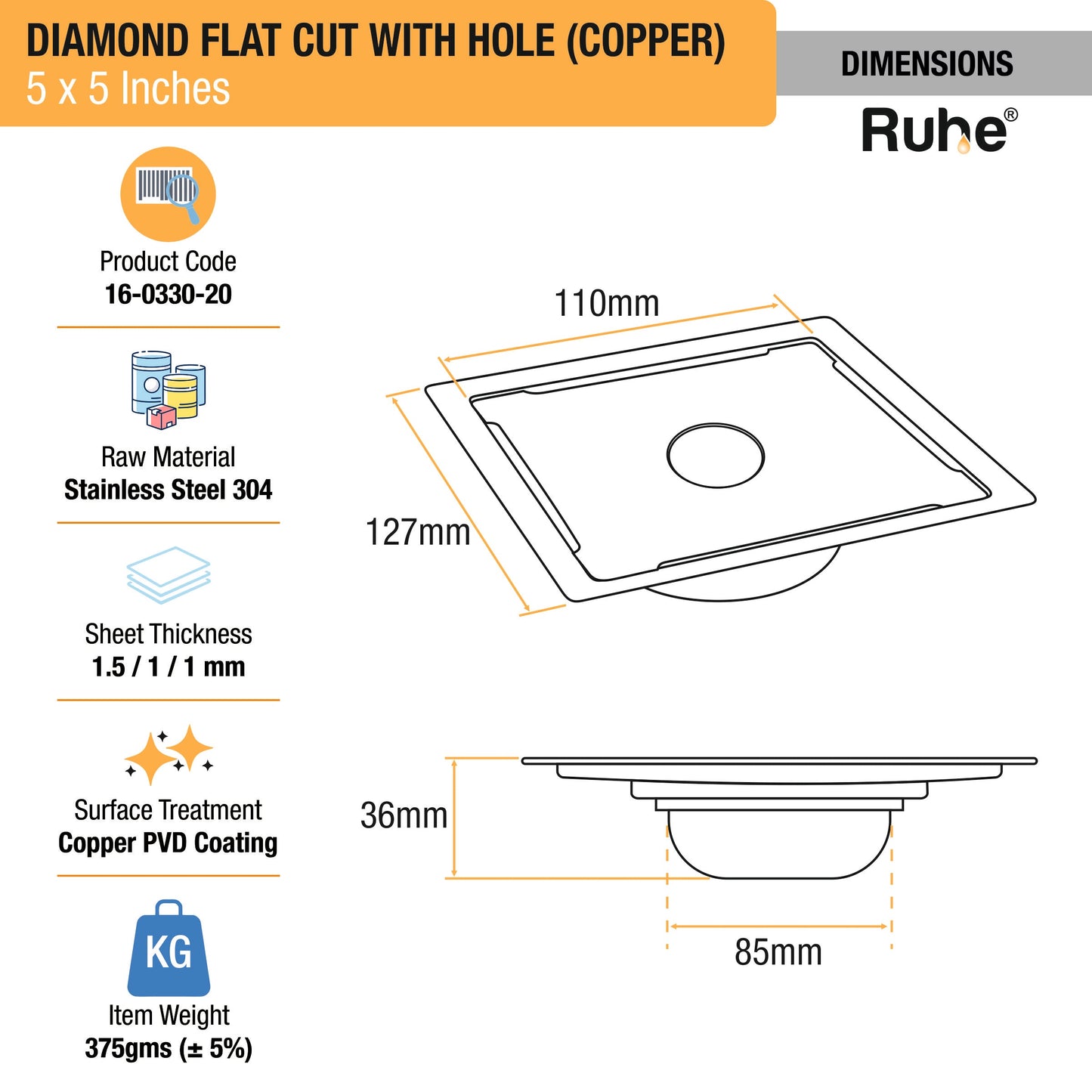 Diamond Square Flat Cut Floor Drain in Antique Copper PVD Coating (5 x 5 Inches) with Hole - by Ruhe