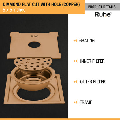 Diamond Square Flat Cut Floor Drain in Antique Copper PVD Coating (5 x 5 Inches) with Hole - by Ruhe