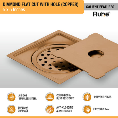 Diamond Square Flat Cut Floor Drain in Antique Copper PVD Coating (5 x 5 Inches) with Hole - by Ruhe