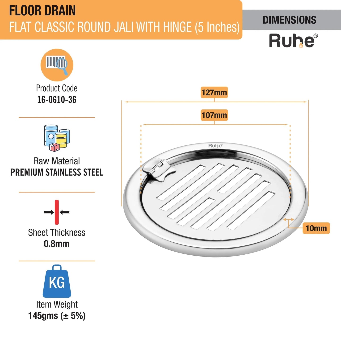 Classic Round Jali Floor Drain (5 Inches) with Hinged Grating Top (Pack of 2) dimensions and sizes