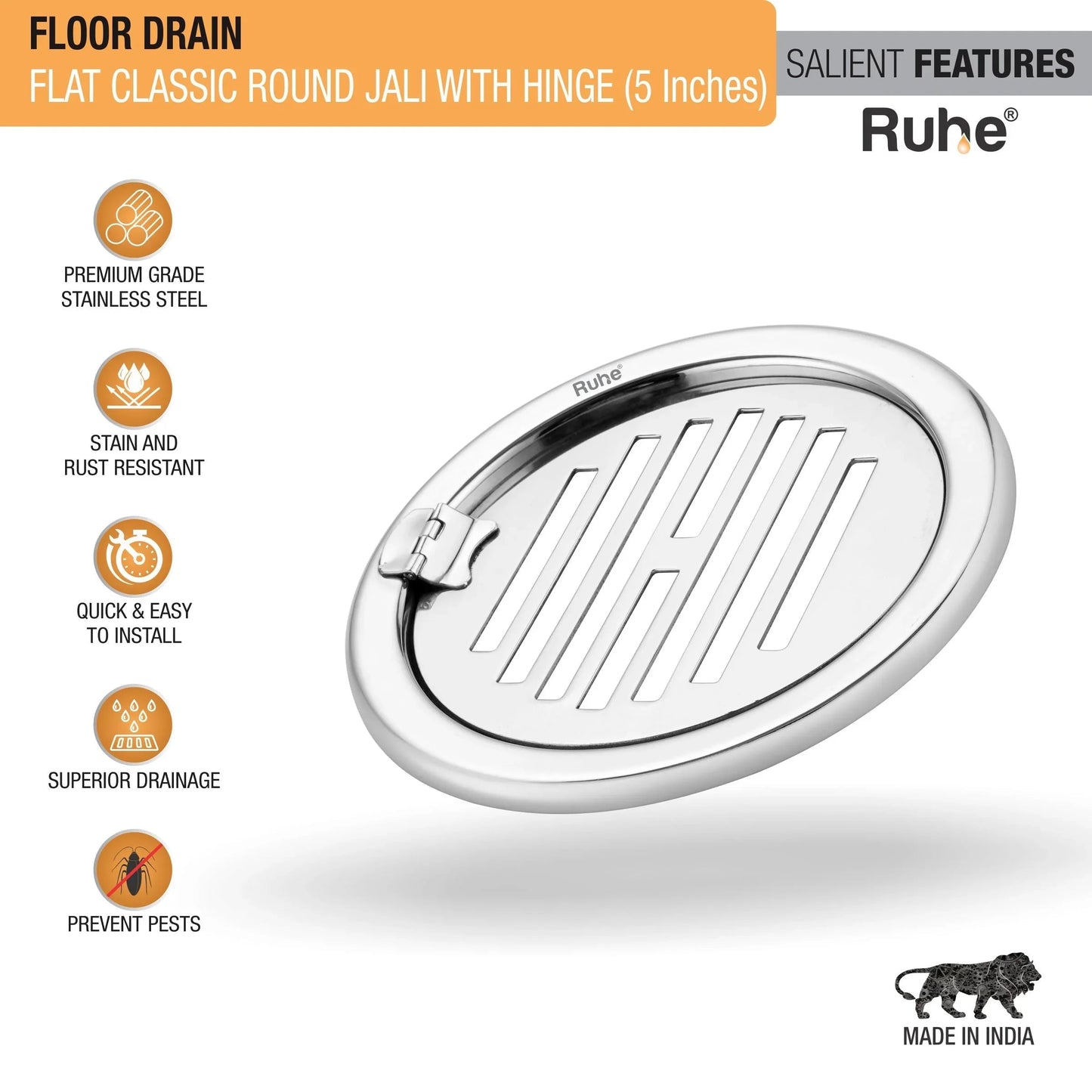 Classic Round Jali Floor Drain (5 Inches) with Hinged Grating Top (Pack of 2) features