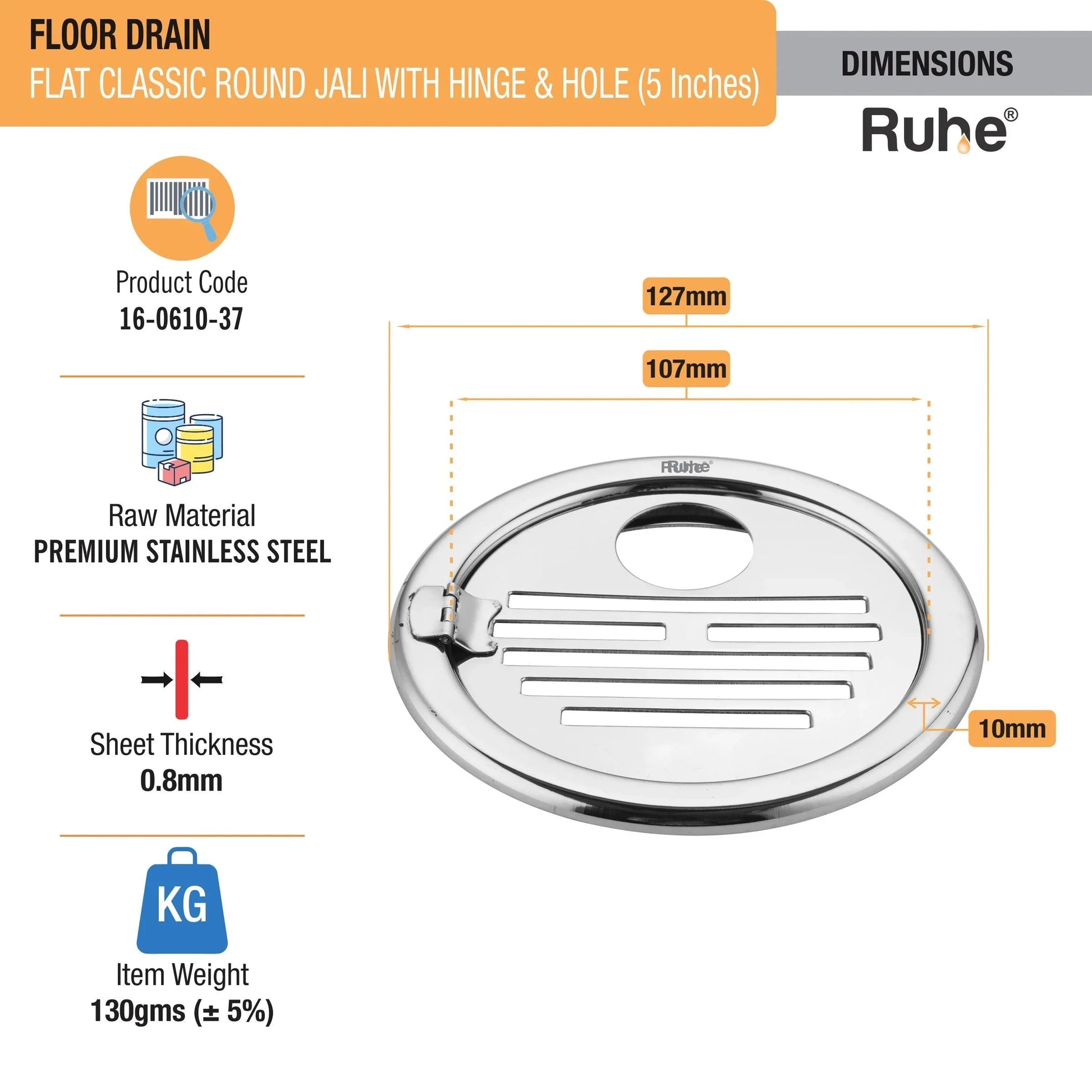 Classic Round Jali Floor Drain (5 Inches) with Hinged Grating Top & Hole (Pack of 2) dimensions and sizes