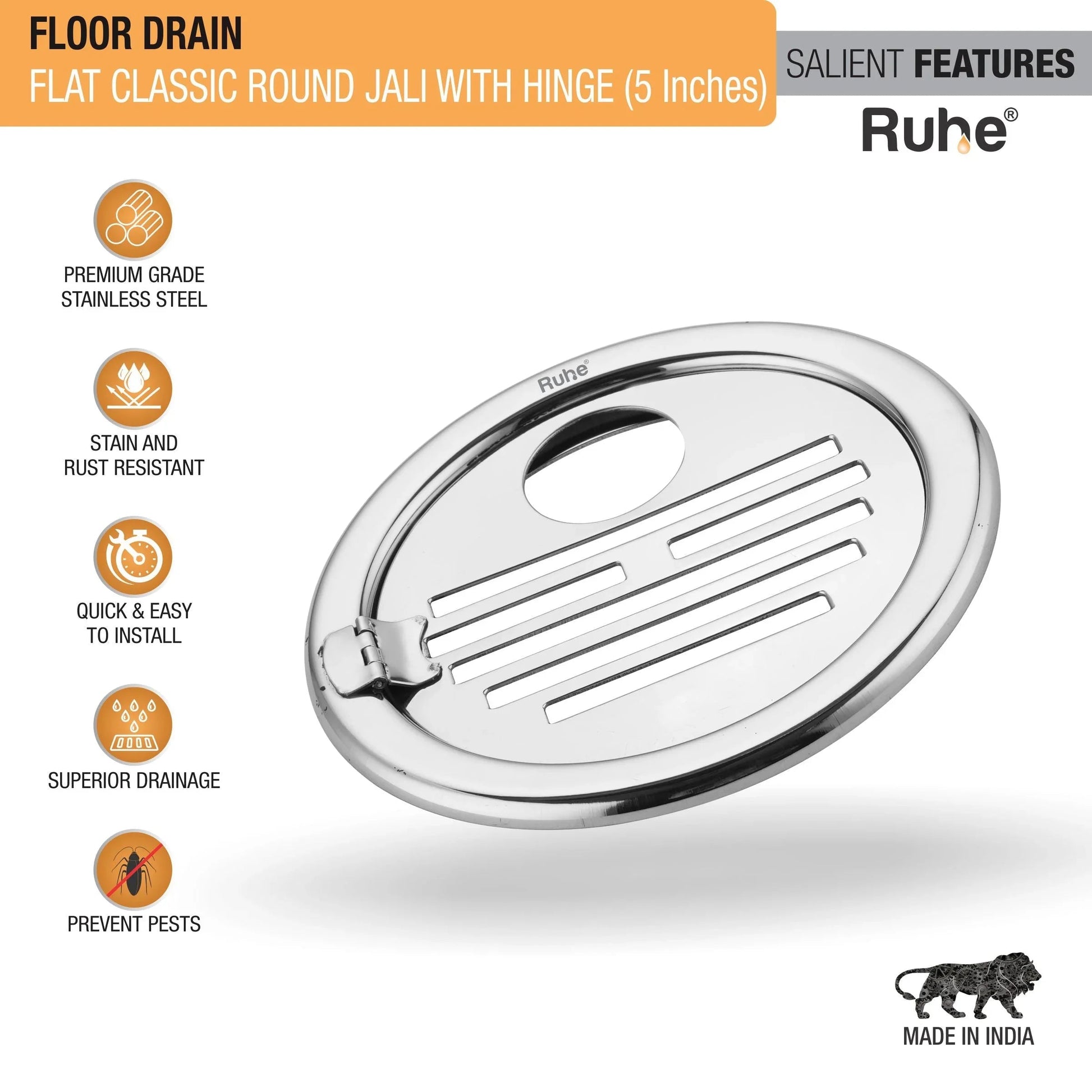 Classic Round Jali Floor Drain (5 Inches) with Hinged Grating Top & Hole (Pack of 2) features