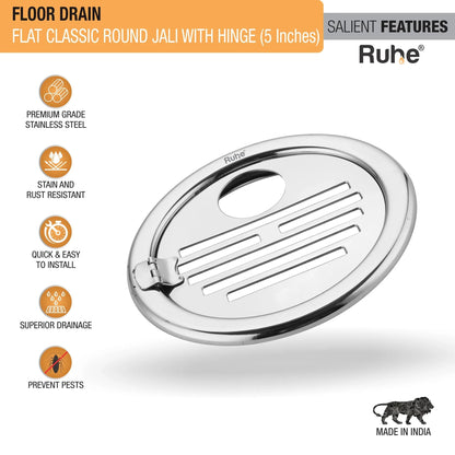 Classic Round Jali Floor Drain (5 Inches) with Hinged Grating Top & Hole (Pack of 2) features