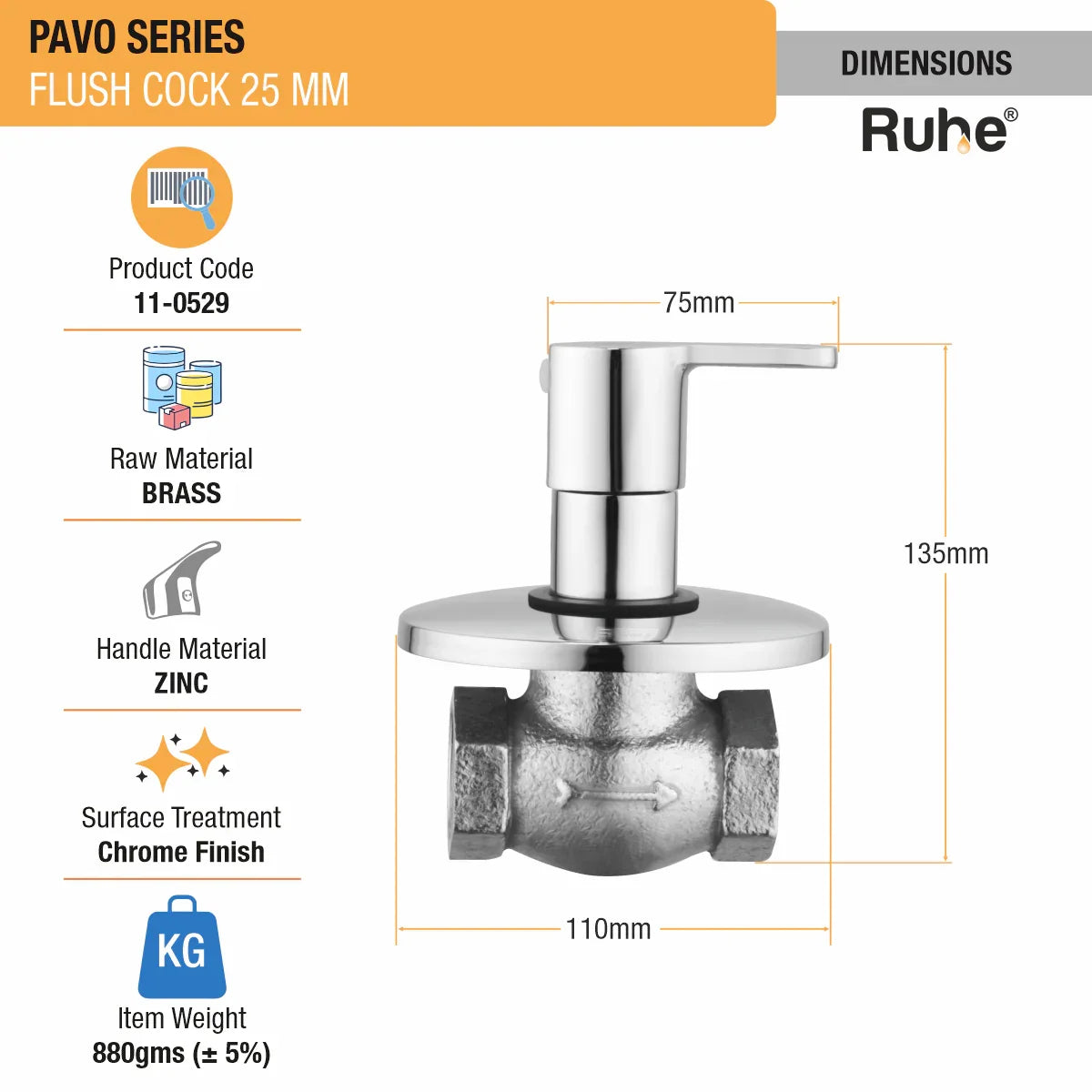 Pavo Flush Valve Brass Faucet (25mm) dimensions and size