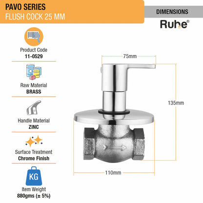 Pavo Flush Valve Brass Faucet (25mm) dimensions and size