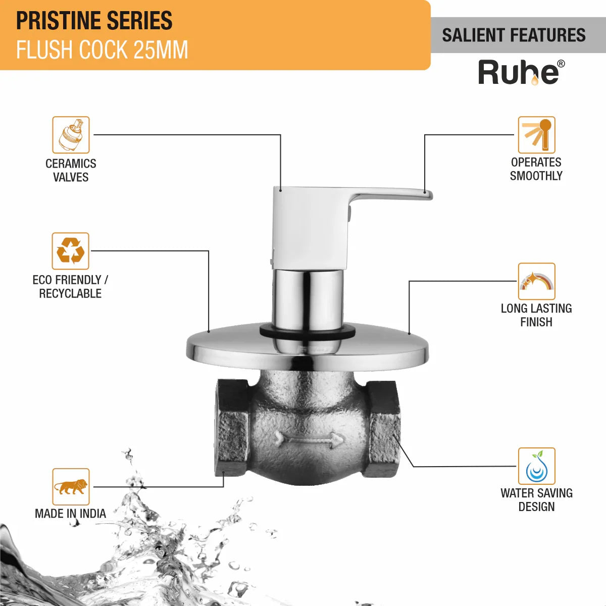 Pristine Flush Valve Brass Faucet (25mm) features