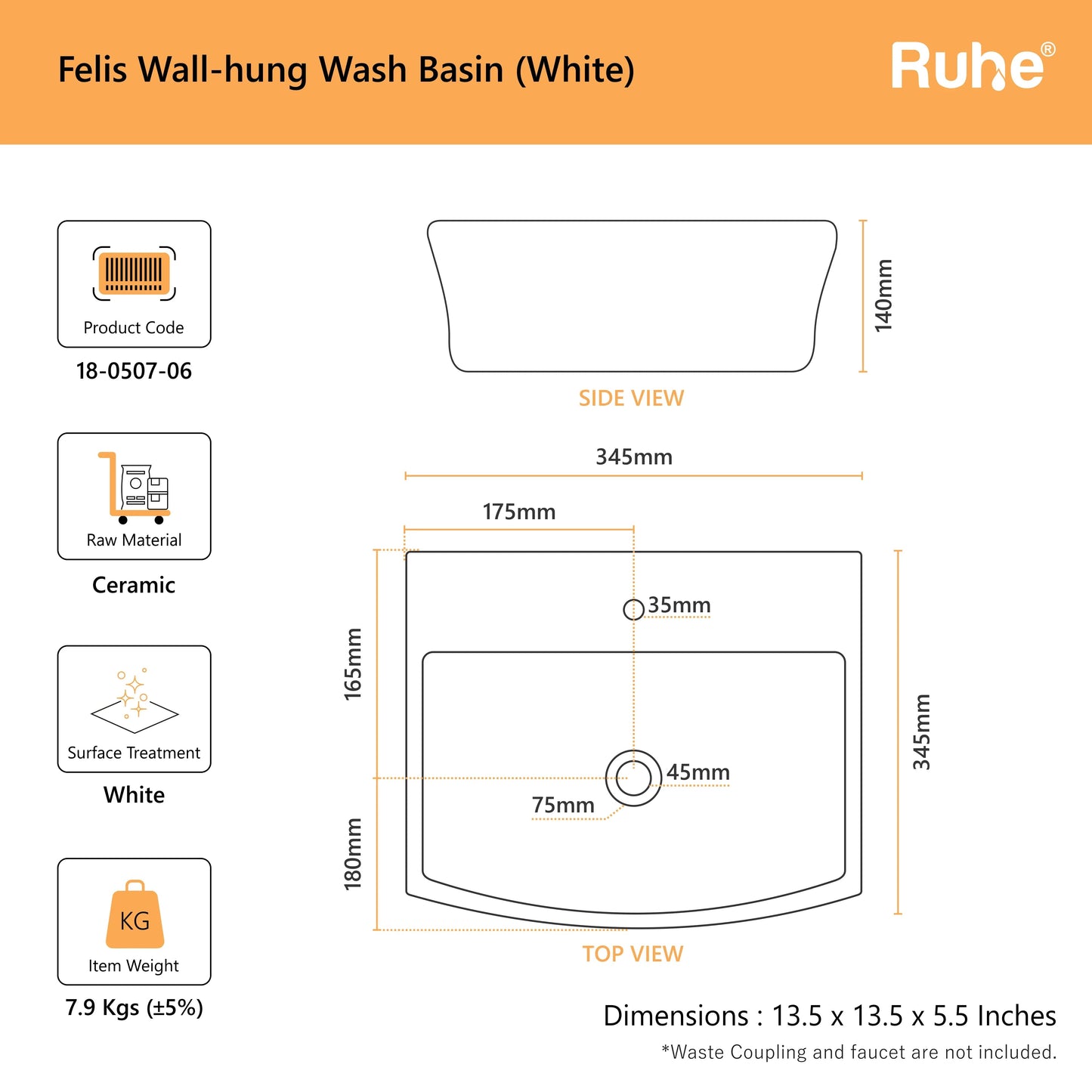Felis Wall-hung Wash Basin (dimensions)