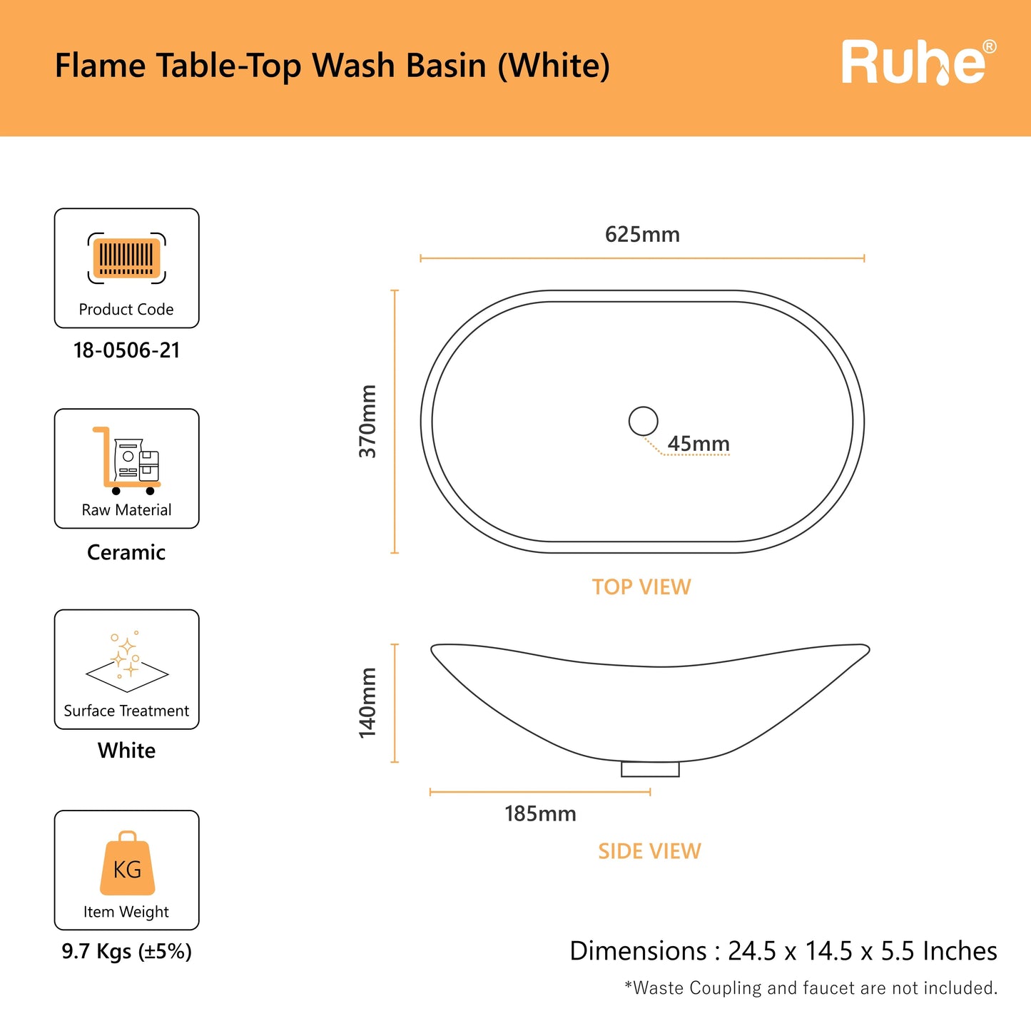 Flame Table Top Wash Basin (dimensions)