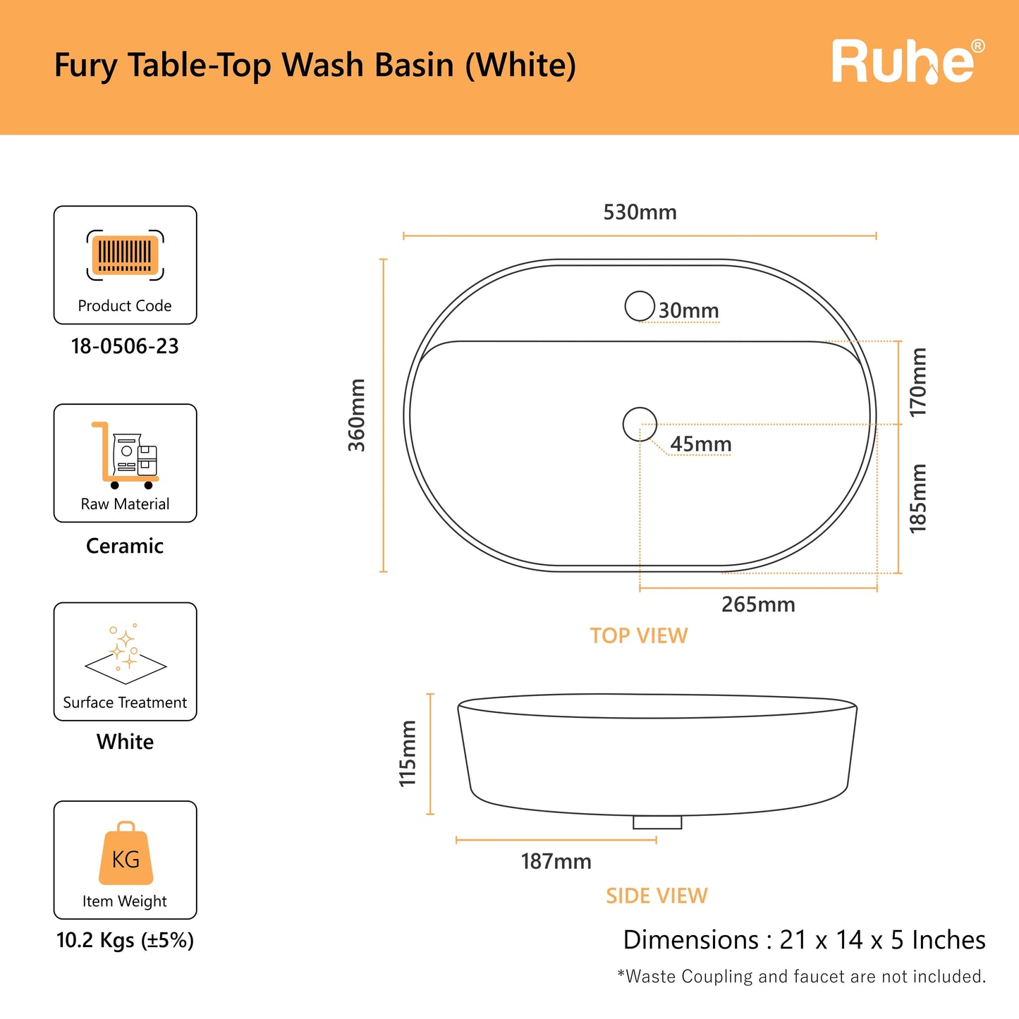 Fury Table Top Wash Basin (dimensions)