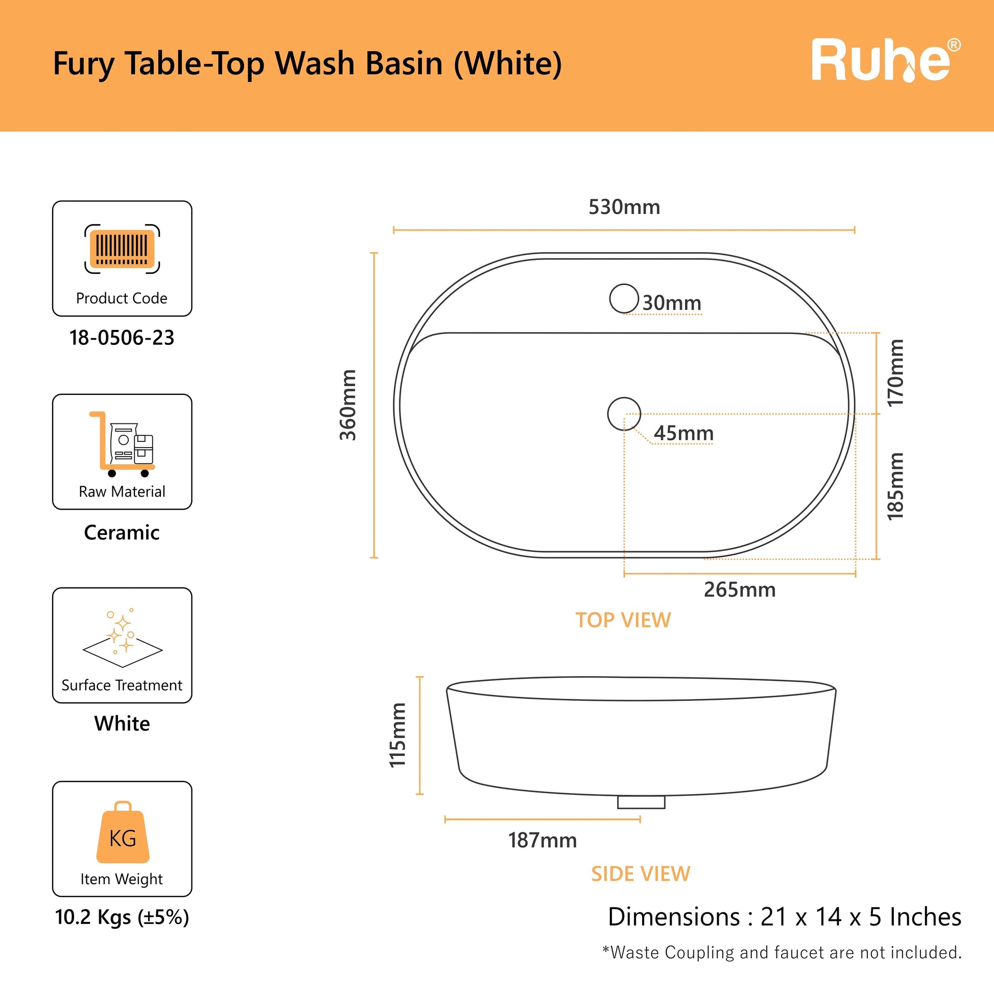 Fury Table Top Wash Basin (dimensions)