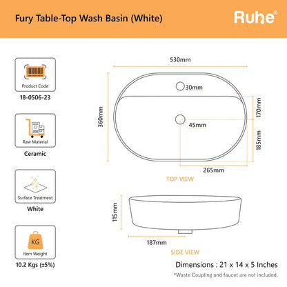 Fury Table Top Wash Basin (dimensions)