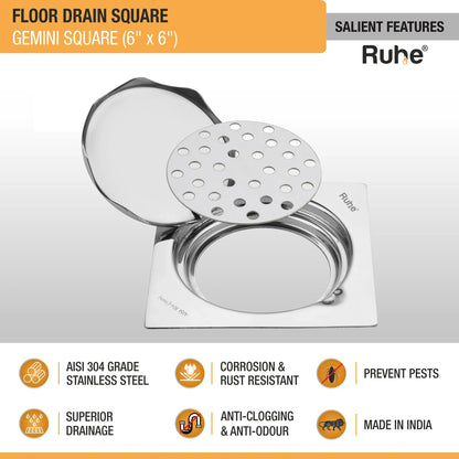 Gemini Square Floor Drain (6 Inches) features