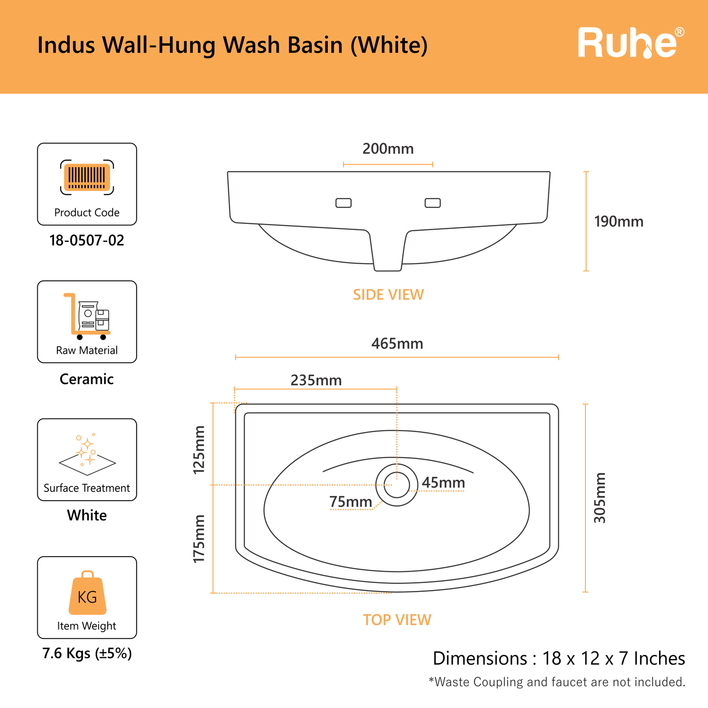 Indus Wall-hung Wash Basin (dimensions)
