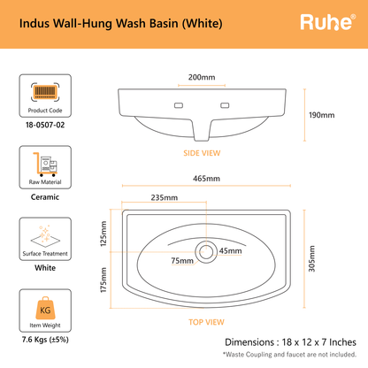 Indus Wall-hung Wash Basin (dimensions)