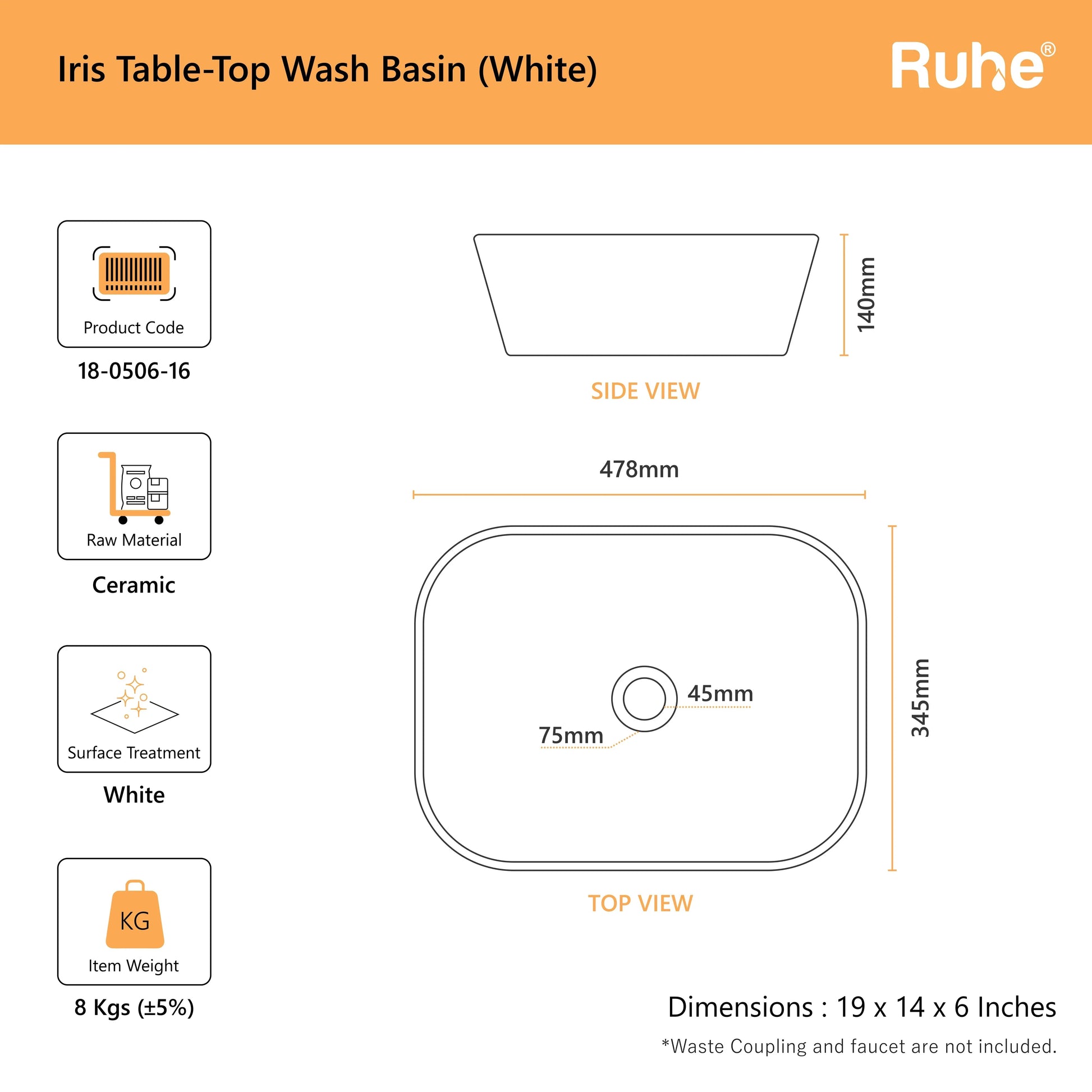 Iris Table-Top Wash Basin (dimensions)