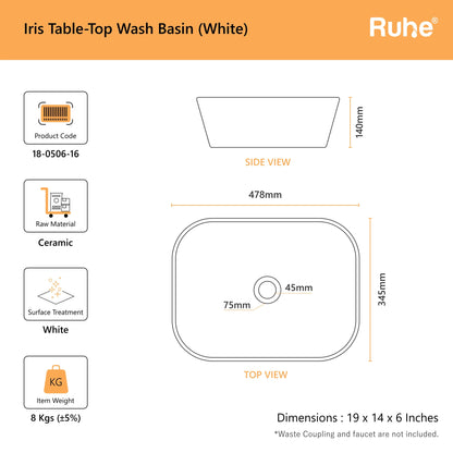 Iris Table-Top Wash Basin (dimensions)
