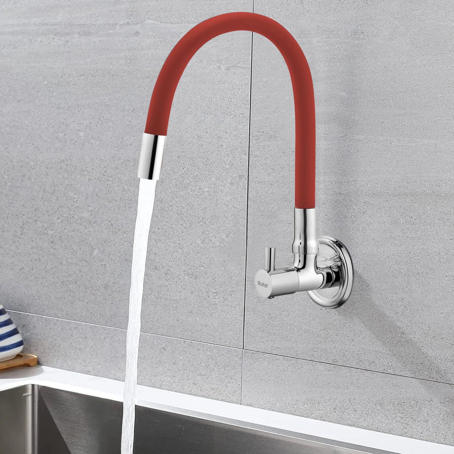 Kara Wall-mount Kitchen Sink Tap with Red Flexible Silicone Spout - by Ruhe