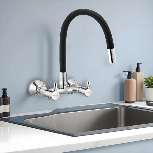 Kara Wall-mount Kitchen Sink Mixer Tap with Black Silicone Spout - by Ruhe