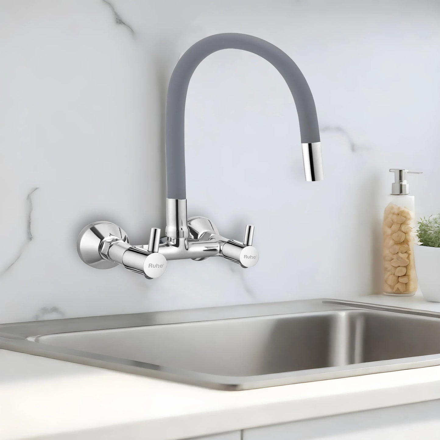 Kara Wall-mount Kitchen Sink Mixer Tap with Grey Silicone Spout - by Ruhe