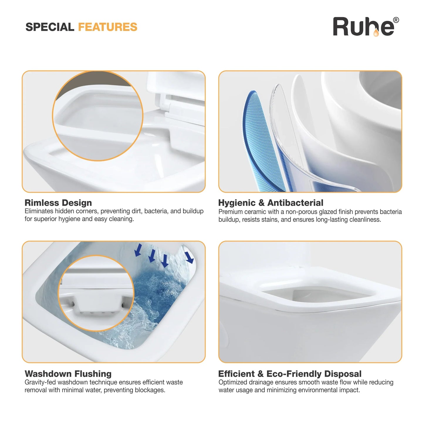Luna Wall-Hung Western Commode, rimless design