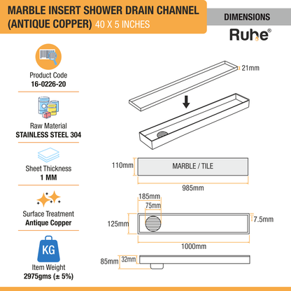 Marble-Insert Shower Drain Channel 5 inches