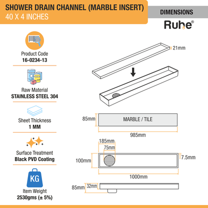 Marble-Insert Shower Drain Channel (4 Inches)