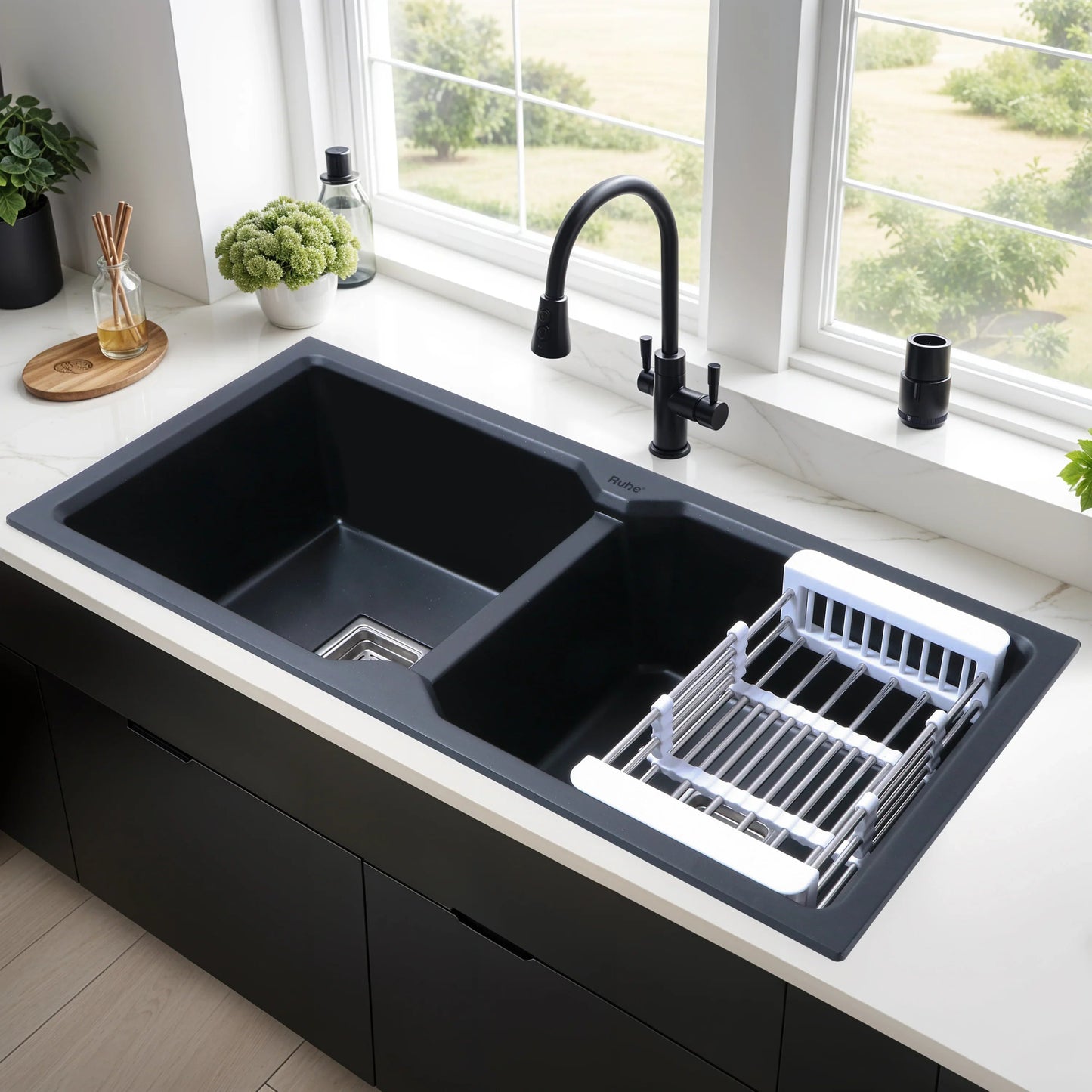 Quartz Double Bowl Black Kitchen Sink (45 x 20 x 9 inches)